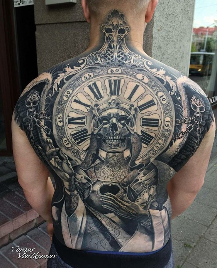Full Back Piece with Skull and Clock