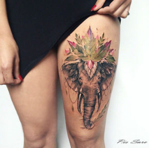 Elephant & Leaves Thigh Tattoo