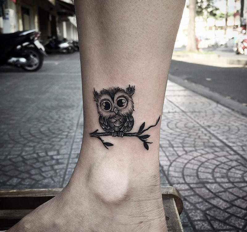 Baby Owl Ankle Tattoo