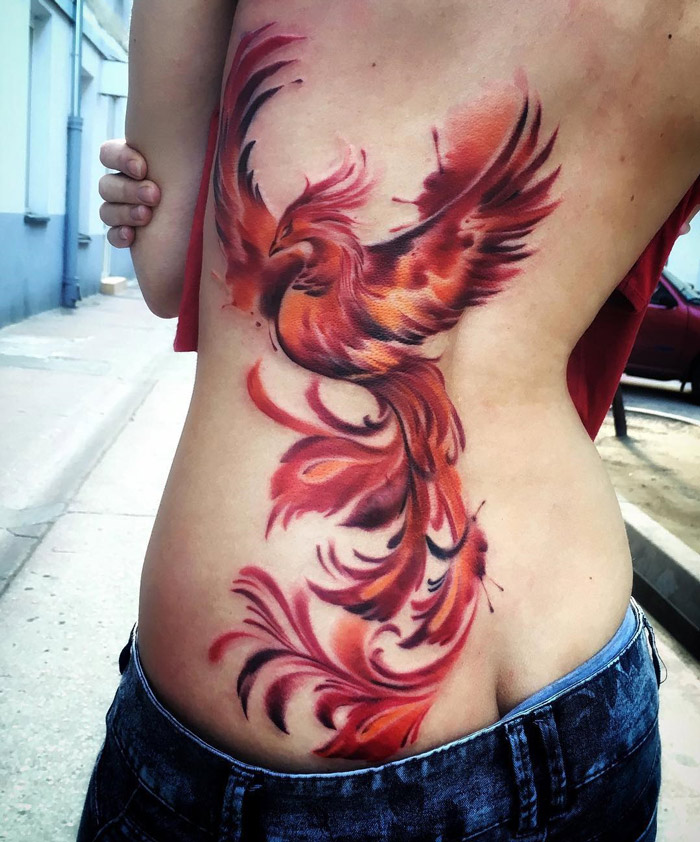 Watercolor Phoenix On Girls Back | Best tattoo design ideas