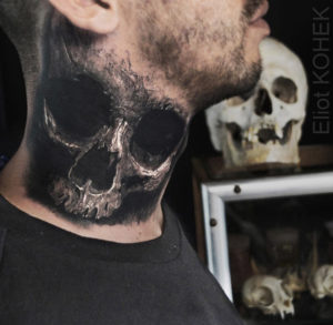 Skull neck tattoo realistic 3D style
