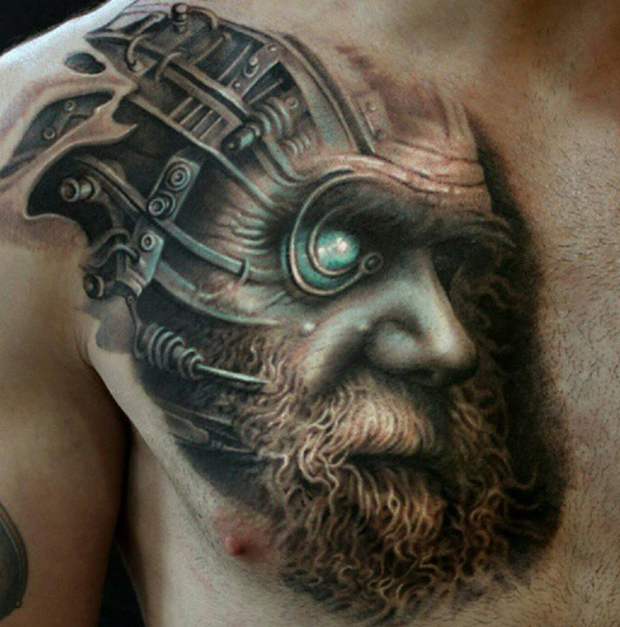 Charles Darwin & Cyborg Tattoo Guys Chest