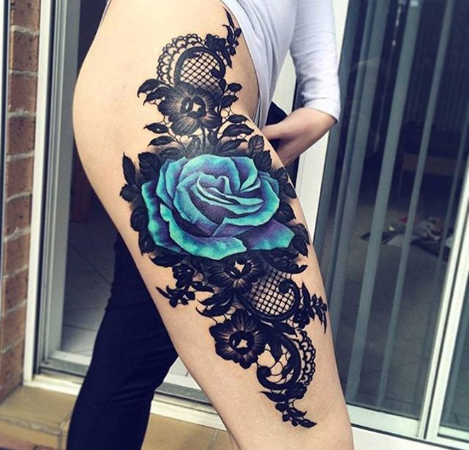 Blue Rose, Black Lace Thigh Tattoo