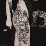 Lady, Wolf & Flowers Black Ink Tattoo