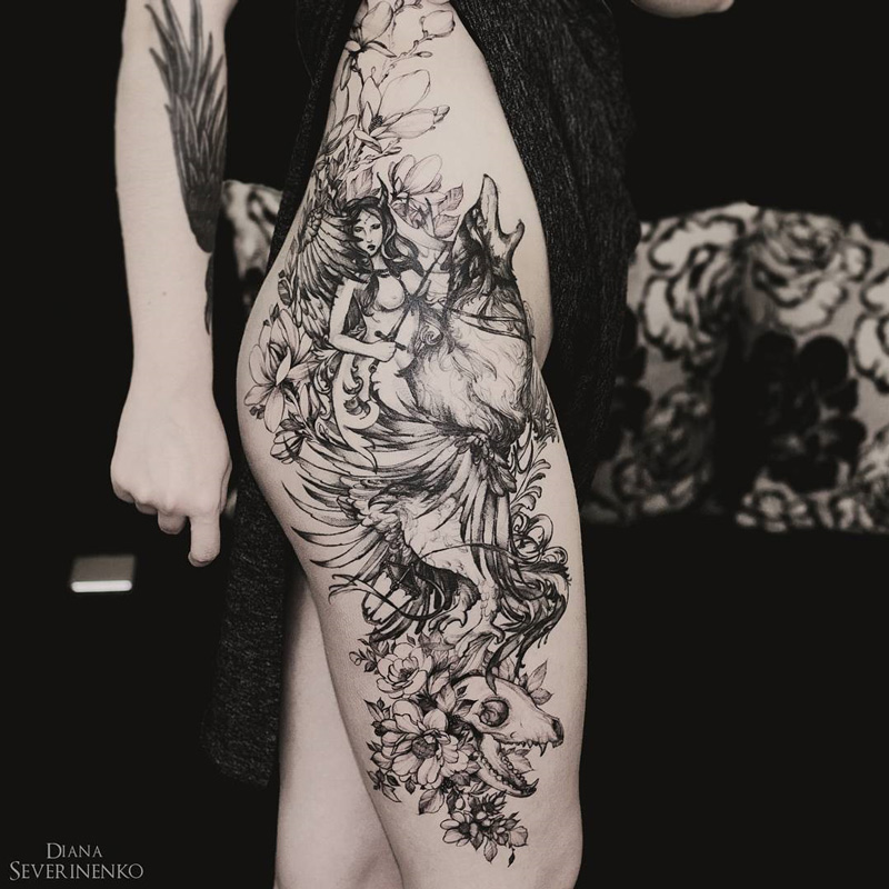 Lady, Wolf & Flowers Black Ink Thigh Piece