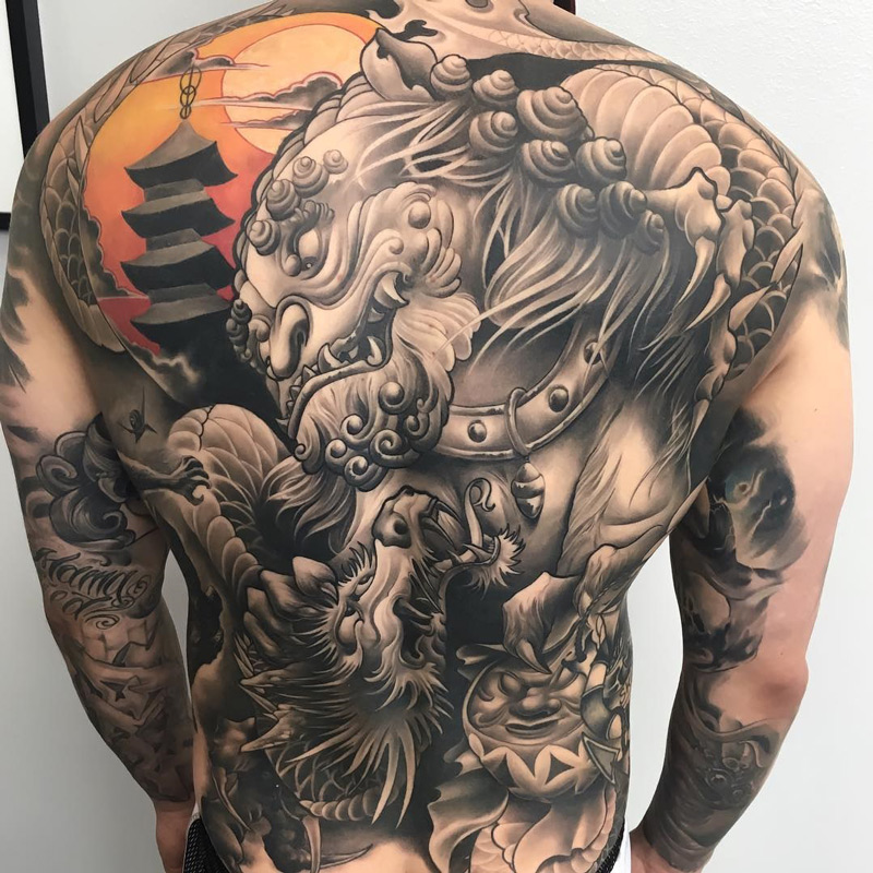Oriental Dragons Full Back Tattoo