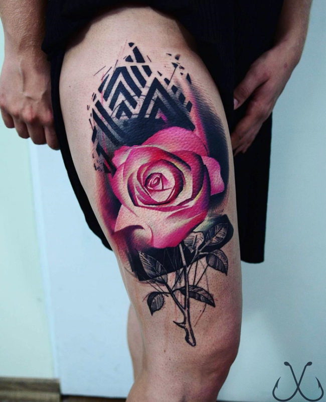 Pink Rose Thigh Tattoo