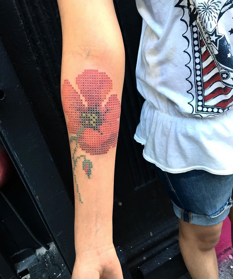 Pixel Poppy Forearm Tattoo