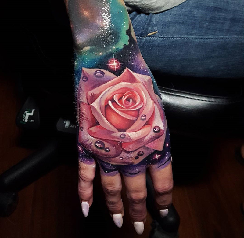 Pink Rose Hand Tattoo