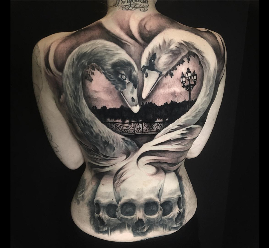 Swans & Skulls Back Tattoo