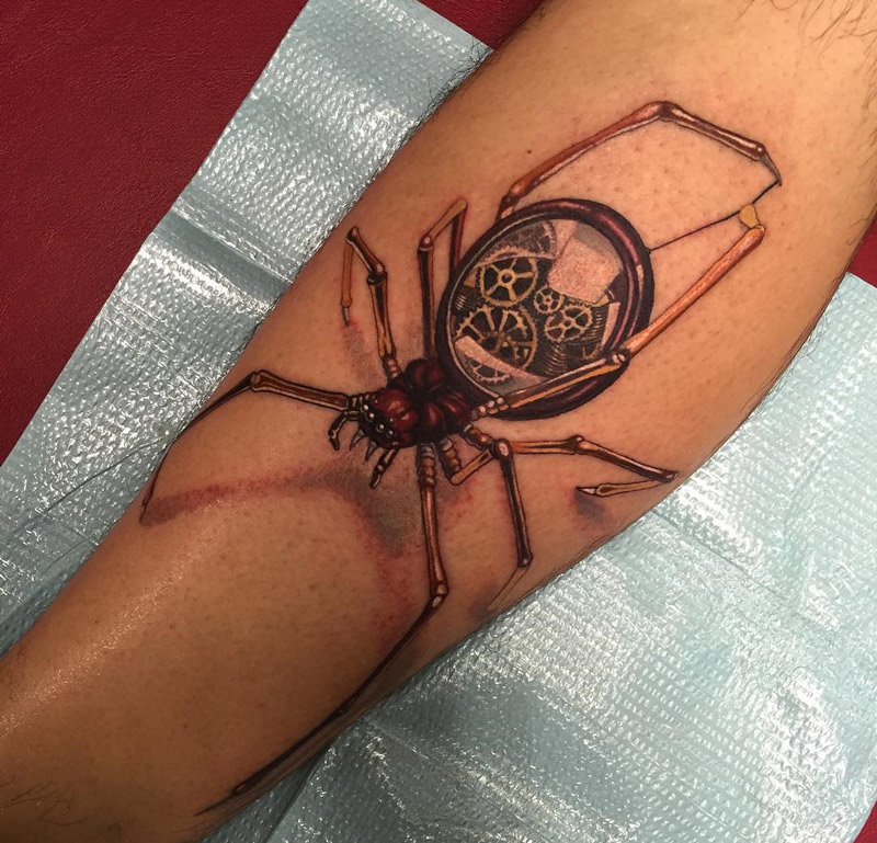 Spider Tattoo With Watch Mechanism Thread of Time
