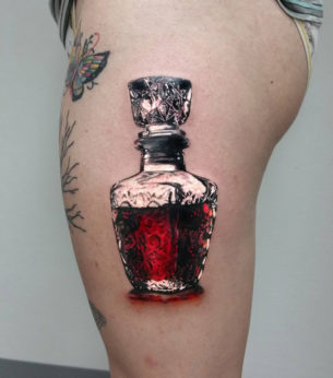 Whiskey or Blood Thigh Tattoo