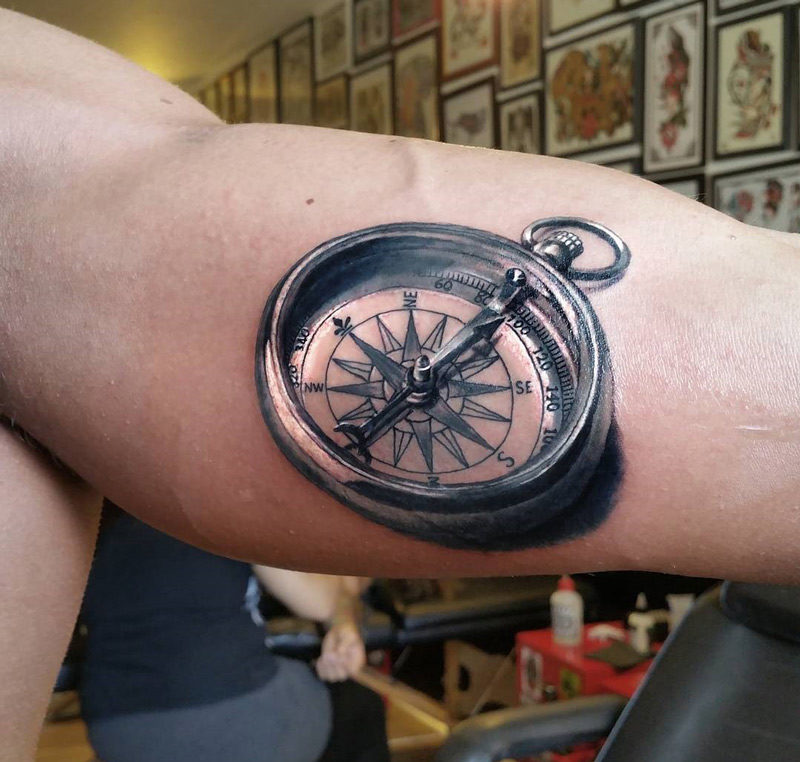 3D Compass Mens Arm Tattoo