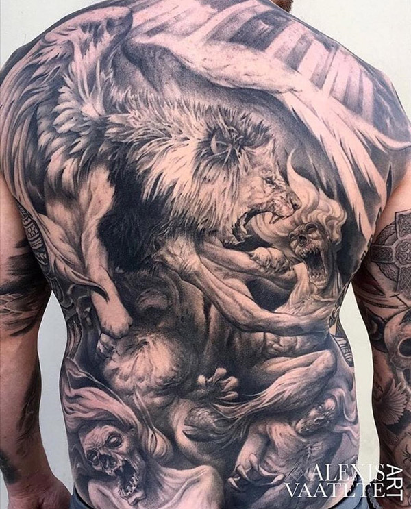 Lion & Demons Mens Back Tattoo