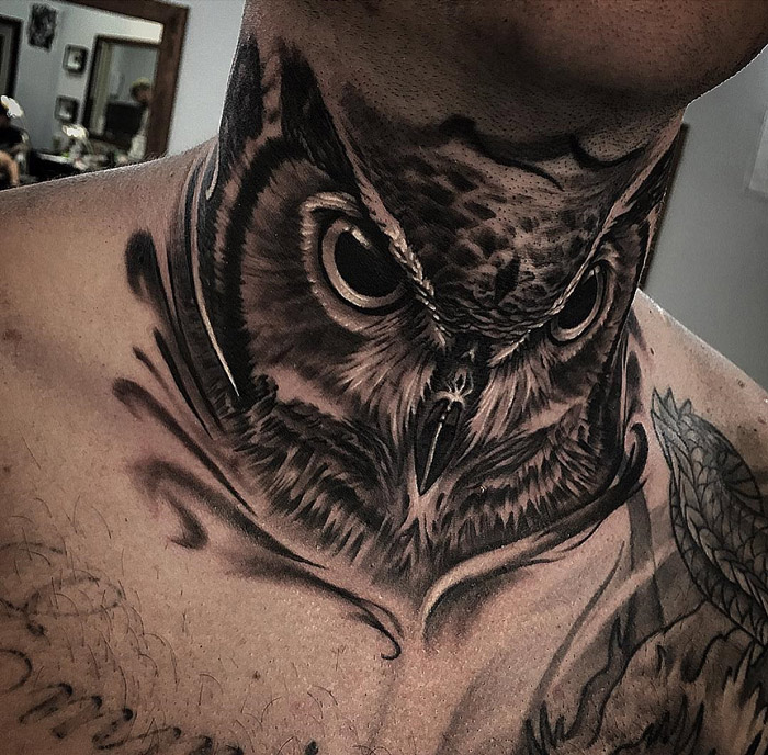 Guys Owl Neck Tattoo