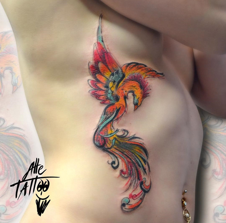 Colorful Phoenix Side Tattoo