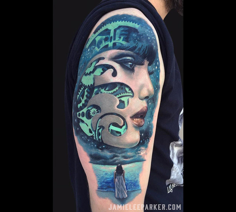 Girls Face with Cogs Arm Tattoo