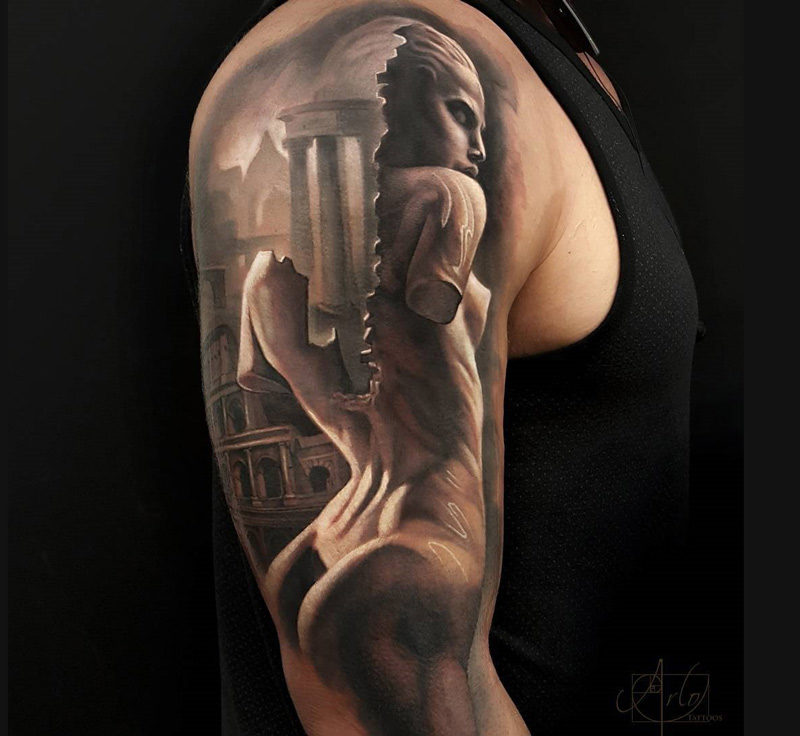 Roman Statue Mens Arm Tattoo