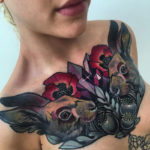 Girls Chest Tattoo, Rabbits and Flowers