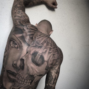 Skull & Portrait Mens Back Tattoo
