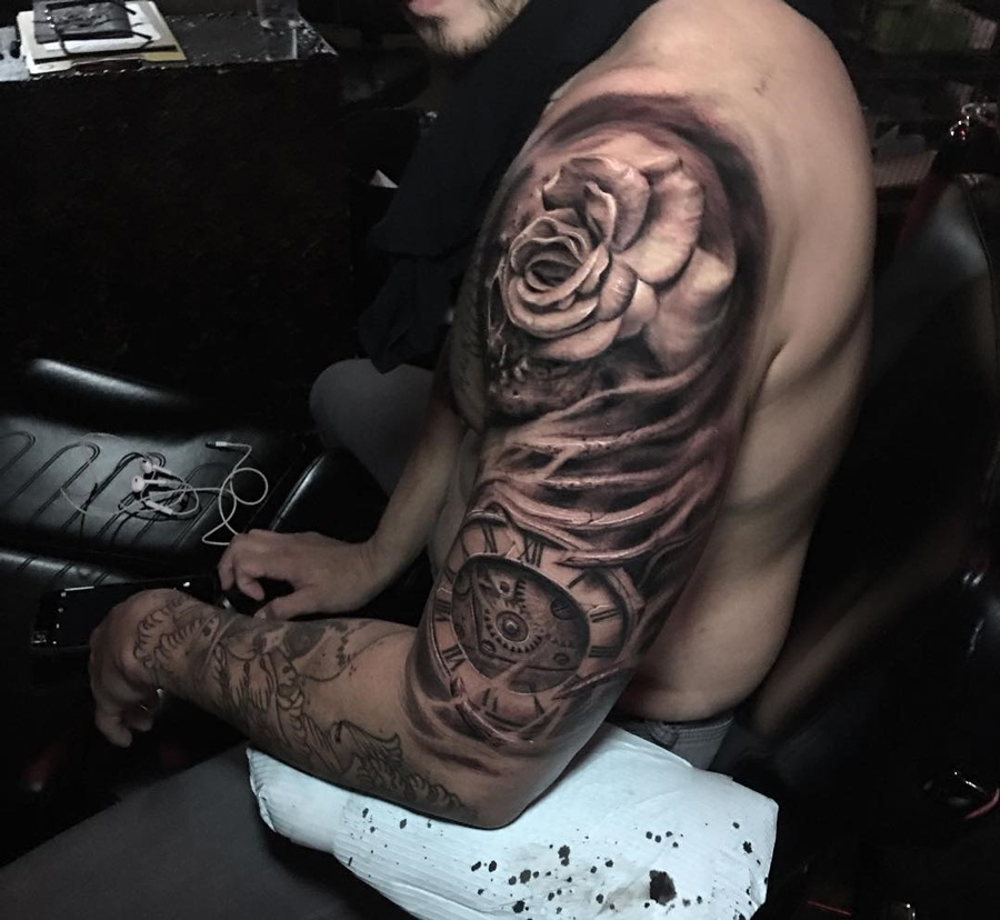Rose & Clock Arm Tattoo