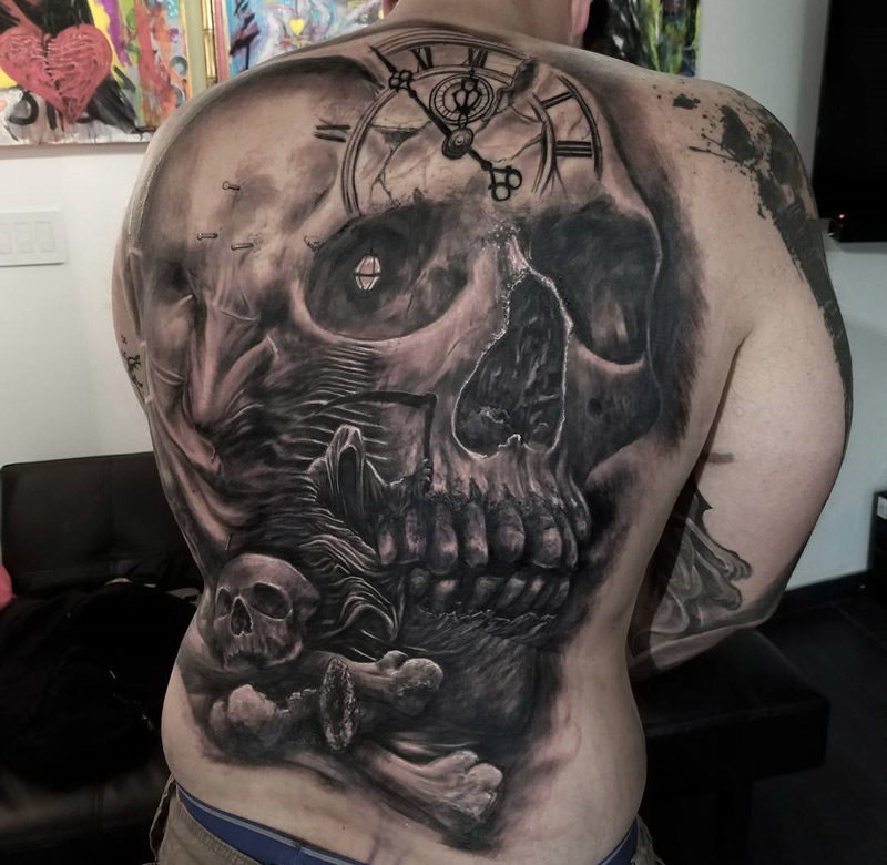 Skull & Grim Reaper Back Tattoo