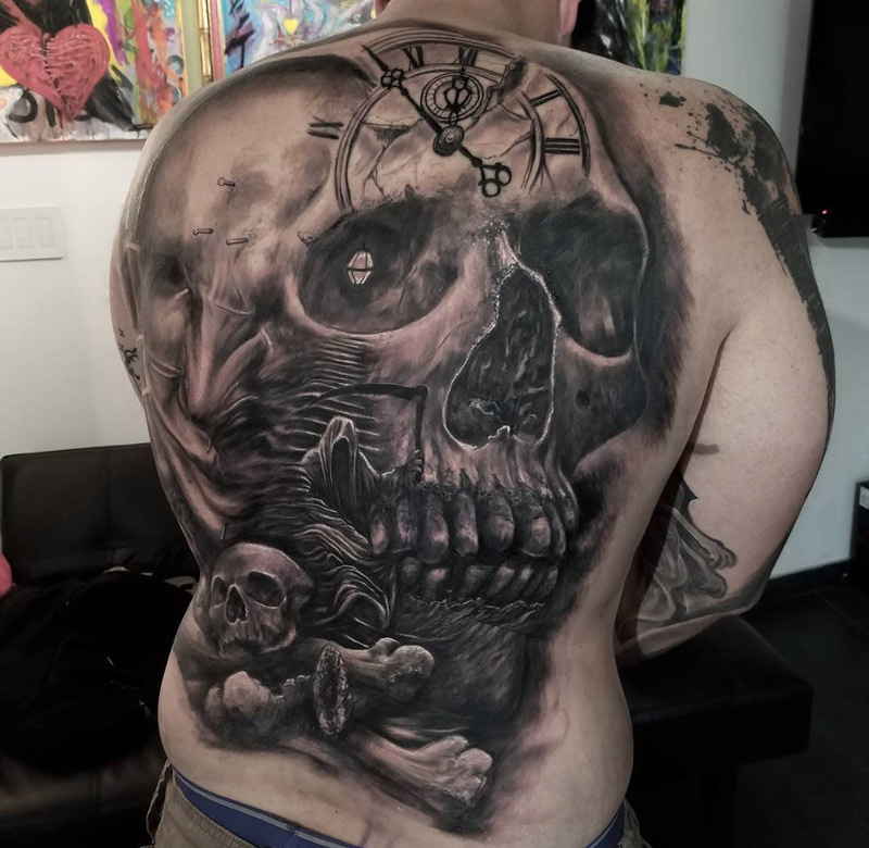 Mad Science Tattoo - Huge ass skull tattoo by @lesliereesen!!! Leslie loves  doing back pieces 😎. . . . . #tattoo #tattoos #fullcolor #neotraditional  #customtattoo #fullcolortattoo #neotrad #backpiece #backpiecetattoodrawing # skull #irezumi #hugeskull #