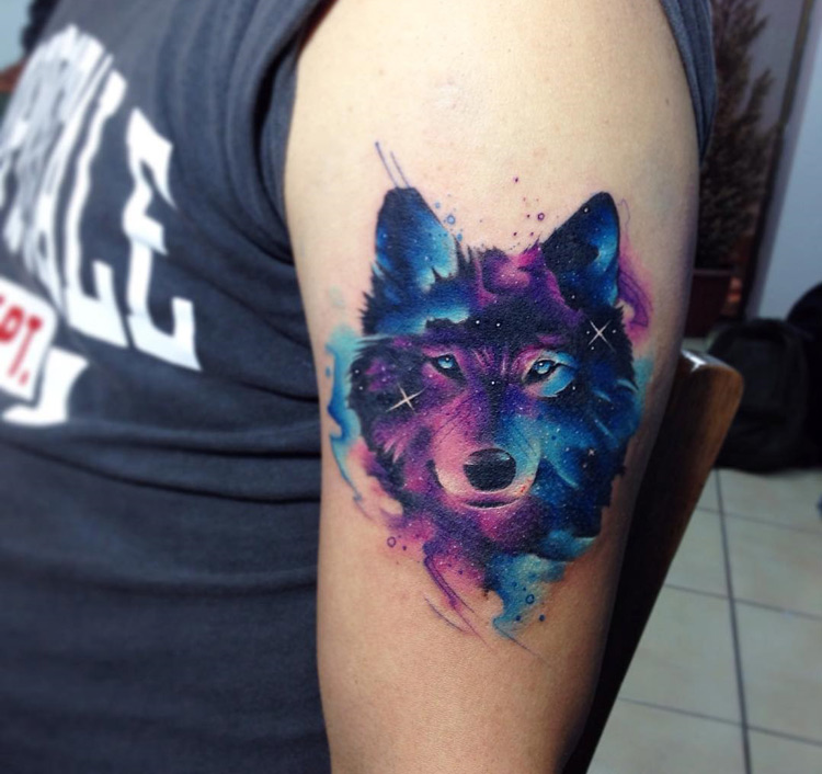 Wolf Portrait with Space Clouds and Stars