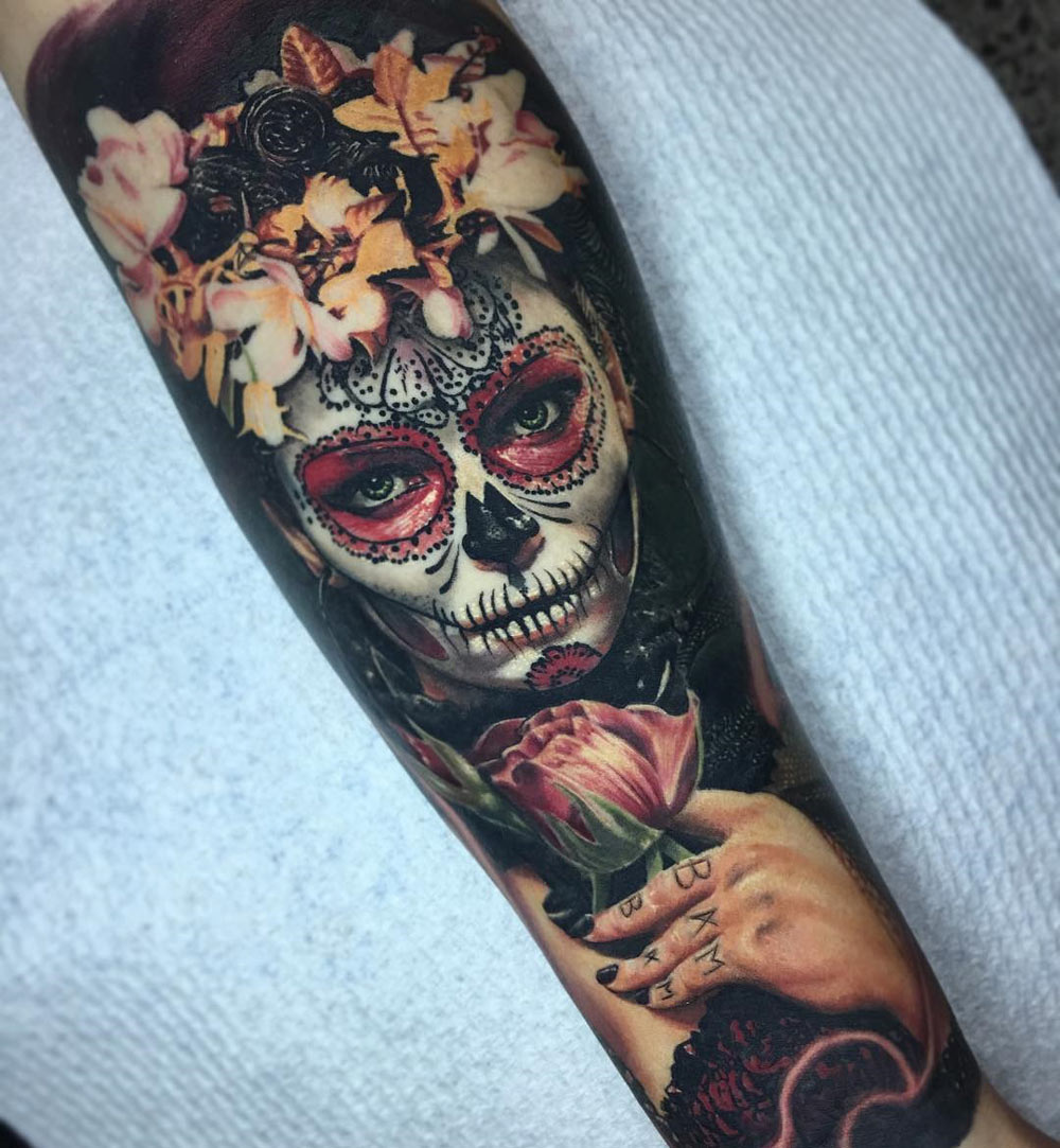 Flowery Day Of The Dead Forearm Piece Best Tattoo Design Ideas