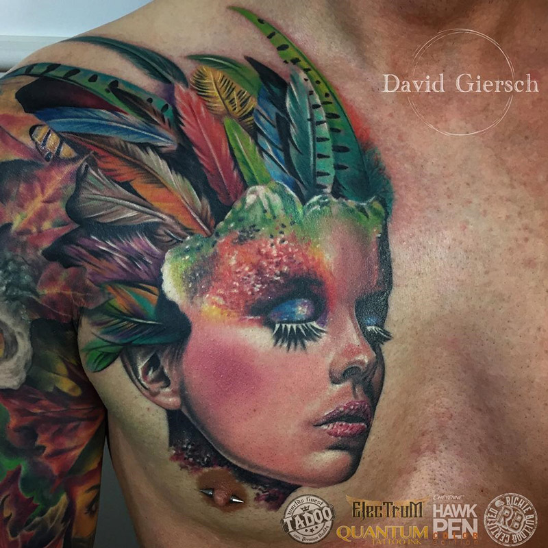 Feathers abstract portrait tattoo