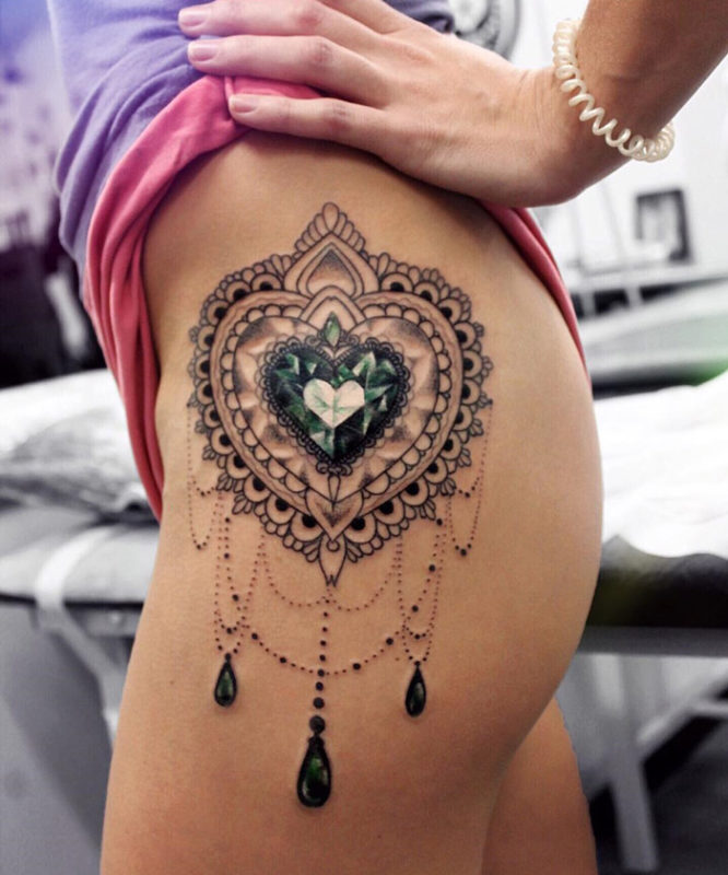 Heart Diamond Ornamental Hip Tattoo