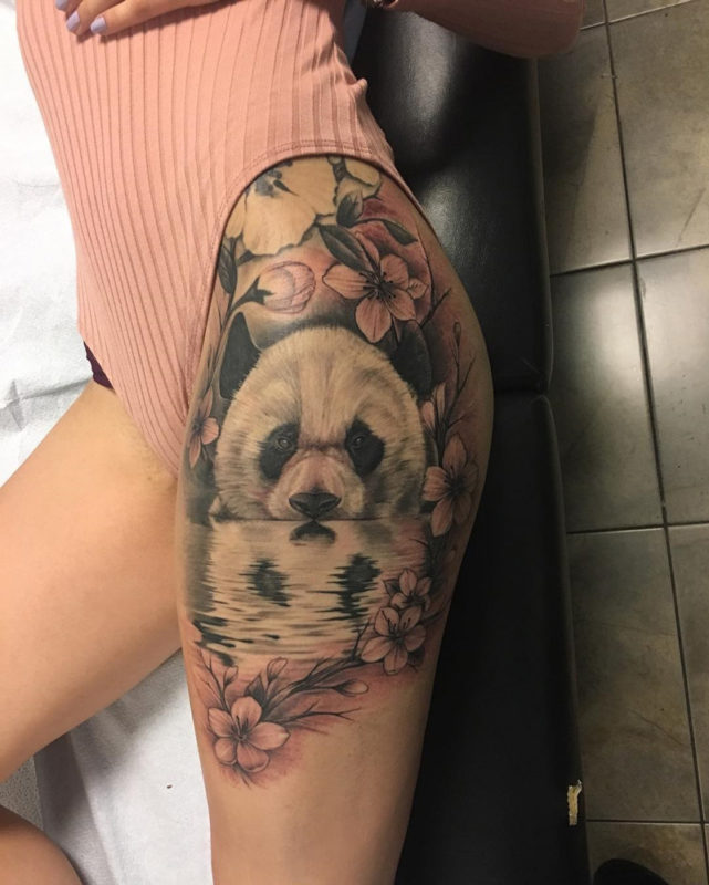 Panda & Hibiscus Thigh Tattoo
