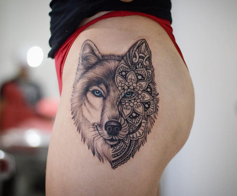 Wolf mandala hip tattoo