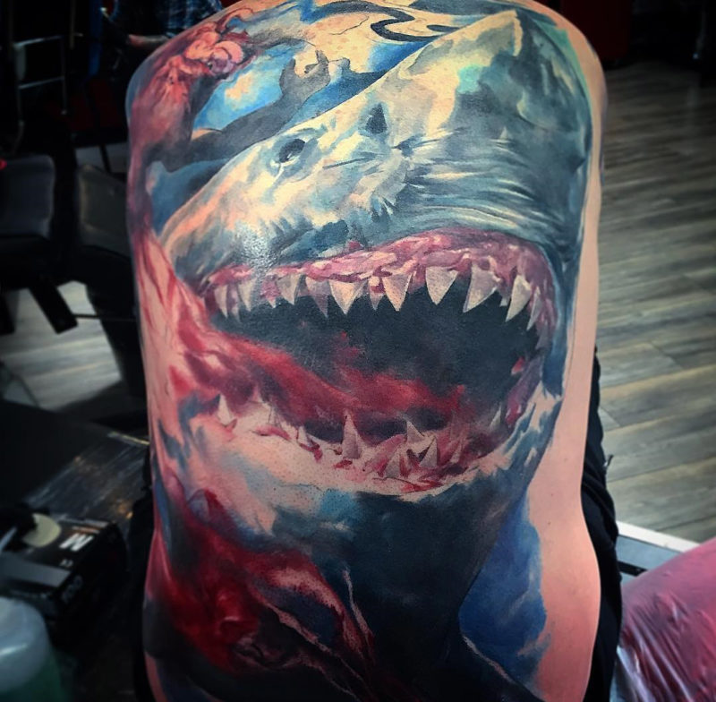 Great White Shark tattoo on guy's back