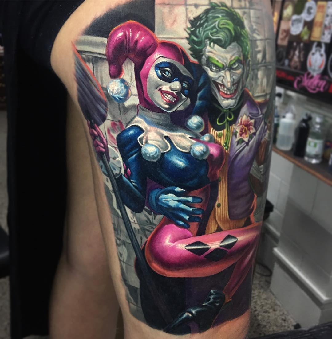 Harley Quinn & Joker, girl's hip tattoo
