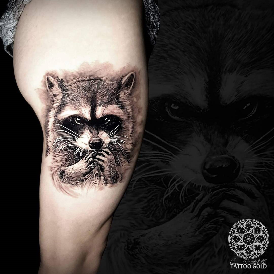 Raccoon Thigh Tattoo