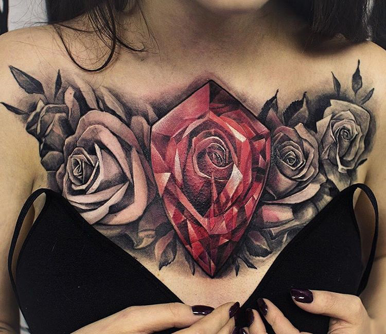 Rose Diamond Chest Tattoo
