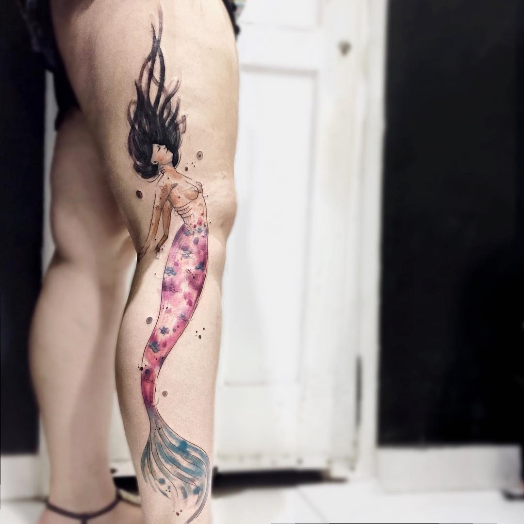 Watercolor Mermaid Girl's Leg Tattoo