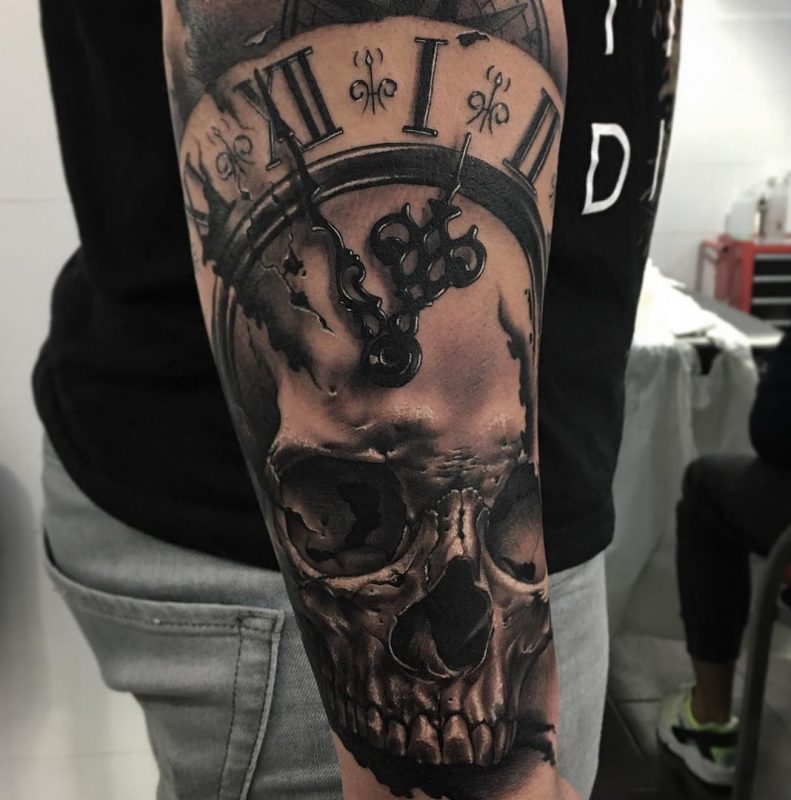 Clock & Skull forearm tattoo