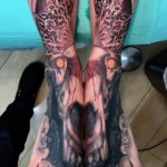 Wolf skull & mandala, double foot tattoo