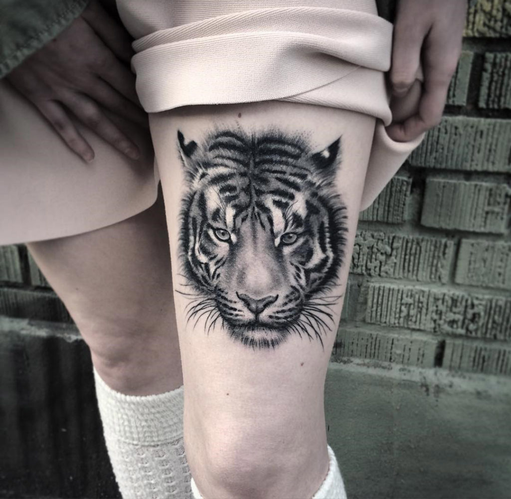 Fluffy Tiger Portrait on Girl's Thigh