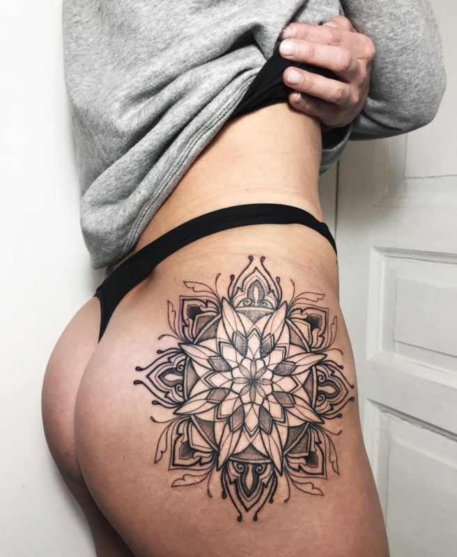 Hip Mandala, black ink tattoo