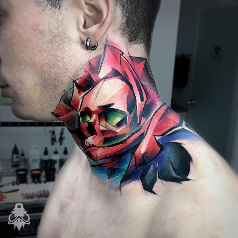 Skull & Rose Merged Neck Tattoo