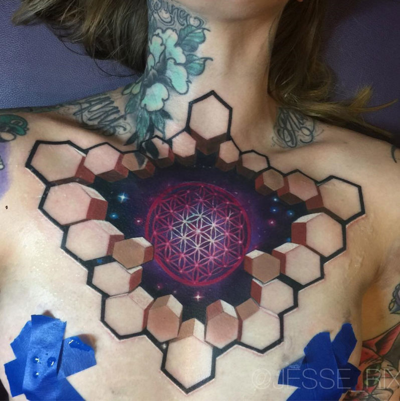 Flower of Life & Space, 3D Girl's Chest Tattoo