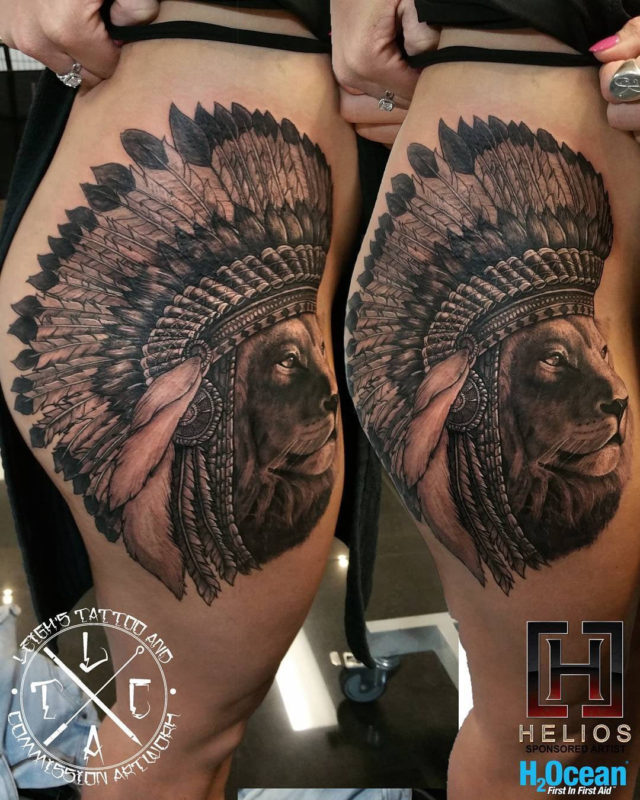Lion & Headdress Hip & Thigh Tattoo