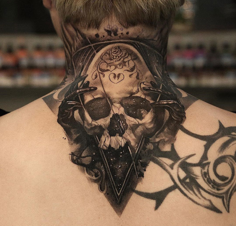 Space Skull Neck Tattoo