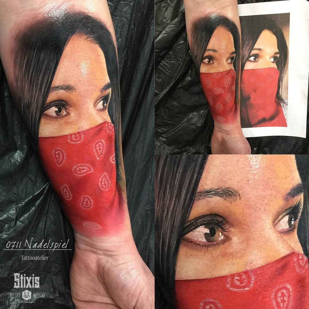 portrait,bandana,brown eyes,realism,forearm tattoo,realistic,red.