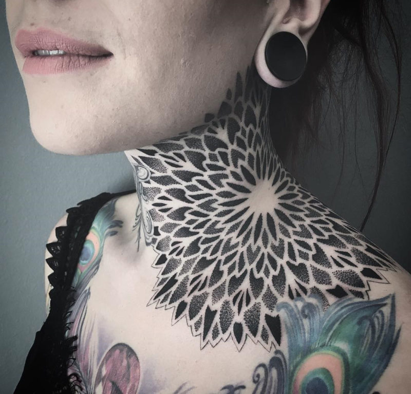 Girl's mandala ornamental neck tattoo
