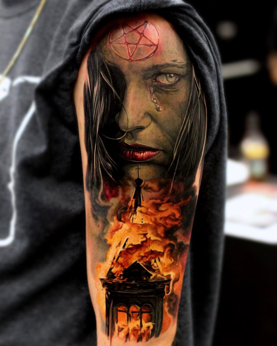 Satanic Tattoo with a Burning Church