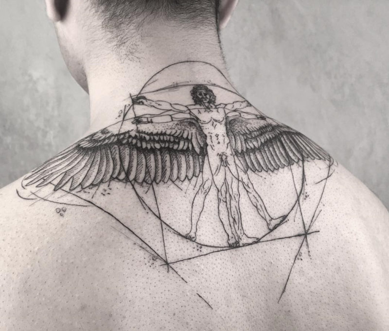 Vitruvian Man neck tattoo